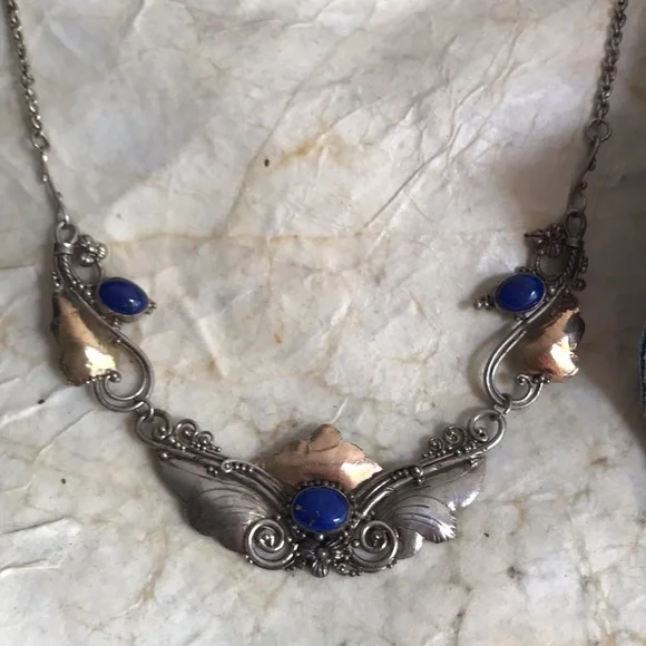 Antique Art Nouveau Sterling Silver and Gold-tone Lapis Necklace - Picture 2 of 10